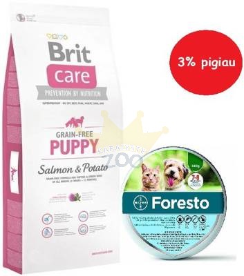 Brit Care Grain Free Puppy Salmon & Potato 12kg+Foresto Antkaklis katėms ir šunims sveriantiems mažiau nei 8kg