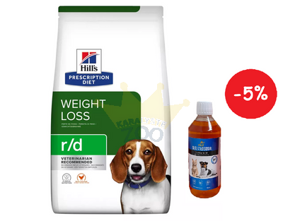 HILL'S PD Prescription Diet Canine r/d 10kg +  LAB V Lašišų aliejus šunims ir katėms 500ml  5% PIGIAU