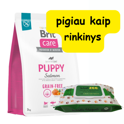 BRIT CARE Dog Grain-free Puppy Salmon 3kg + priežiūros servetėlės 50vnt (chlorheksidinas)