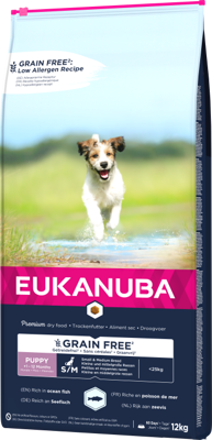 EUKANUBA Puppy&Junior Small/Medium Grain Free 12kg + LAB V Vitaminų praturtintas lašišų aliejus 500ml  5% PIGIAU