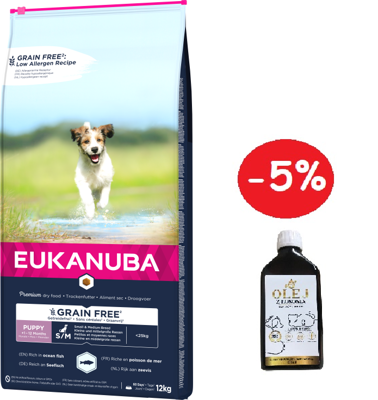 EUKANUBA Puppy&Junior Small/Medium Grain Free 12kg + LAB V Vitaminų praturtintas lašišų aliejus 500ml  5% PIGIAU