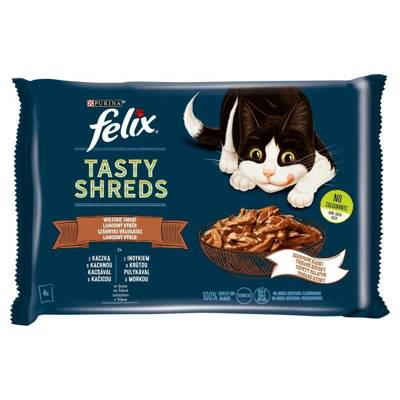 FELIX Tasty Shreds drėgnas kačių ėdalas su antiena ir kalakutiena padaže 12x80g (3x4x80g)