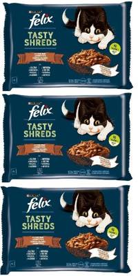FELIX Tasty Shreds drėgnas kačių ėdalas su antiena ir kalakutiena padaže 12x80g (3x4x80g)