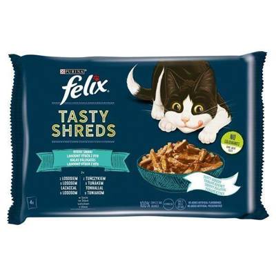 FELIX Tasty Shreds drėgnas kačių ėdalas su lašiša ir tunu padaže 4x80g