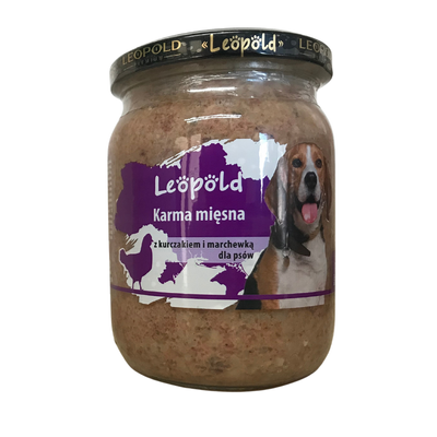 Leopold mėsos ėdalas šunims su vištiena ir morkomis 500g (stiklainis)