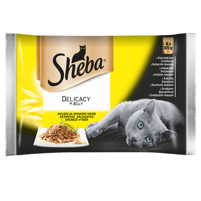 SHEBA paketėlis 4x85g Delicacy in Jelly - Paukštienos skoniai - drėgnas kačių maistas želė (su vištiena, su kalakutiena, su antiena, su paukštiena)